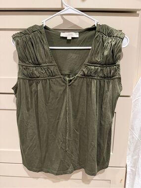 LOFT Olive Green Ruched Yoke Sleeveless Tie-Front Top